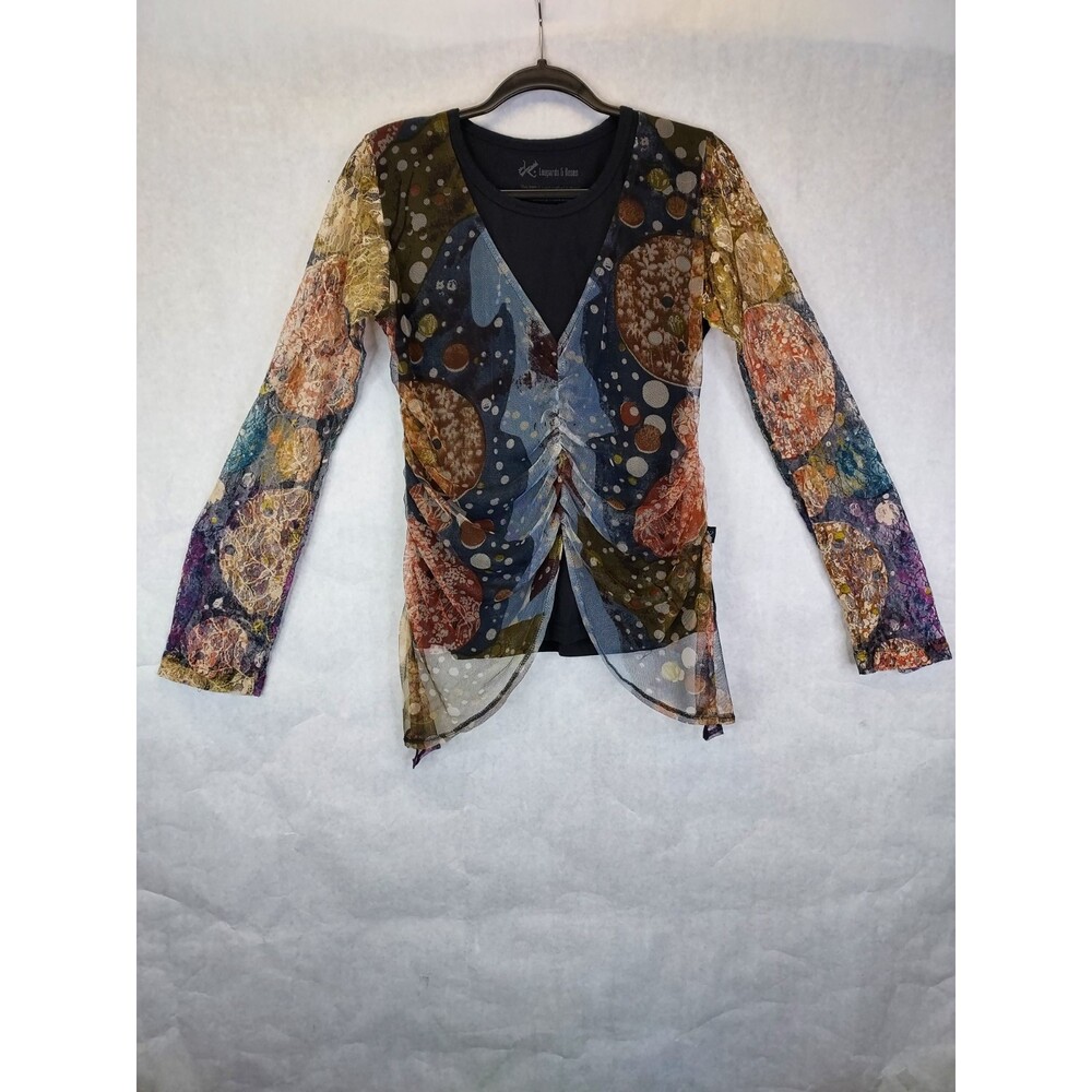 Leopards & Roses Mesh Top Womens L Lace Sheer Rainbow Butterfly Boho Artsy Fairy